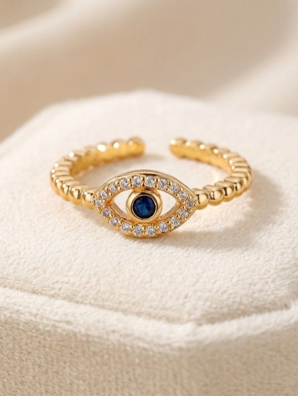 Gold Evil Eye Ring Clear & Blue Stones Adjustable